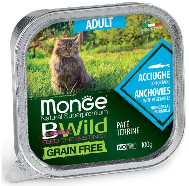 Консерви Monge Cat Be Wild Gr.Free Wet Adult для дорослих котів, паштет, анчоус з овочами, 100 г