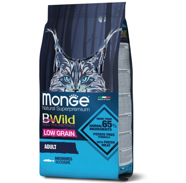 Сухой низкозерновой корм Monge Cat Be Wild Low Grain, для кошек, с анчоусом, 1.5 кг