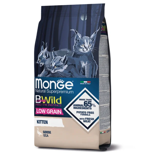 Сухой низкозерновой корм Monge Cat Be Wild Low Grain Kitten для кошек, с мясом гуся, 1.5 кг