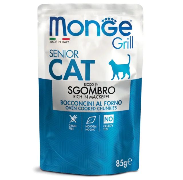 Вологий корм Monge Cat Grill Senior для котів, запечені шматочки в соусі, з макрелью, 85 г
