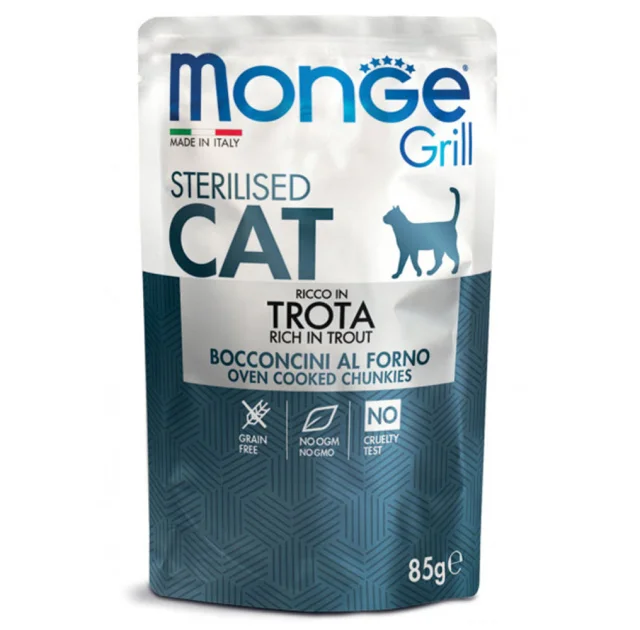 Вологий корм Monge Cat Grill Sterilised для стерилізованих котів, запечені шматочки в соусі, з фореллю, 85 г