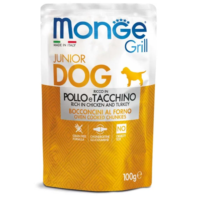 Вологий корм Monge Dog Grill Puppy & Junior для цуценят, запечені шматочки в соусі, курка з індичкою, 100 г