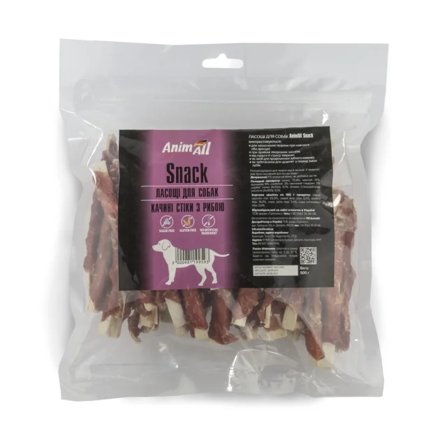 Ласощі AnimAll Snack качині стіки з рибою, для собак, 500 г