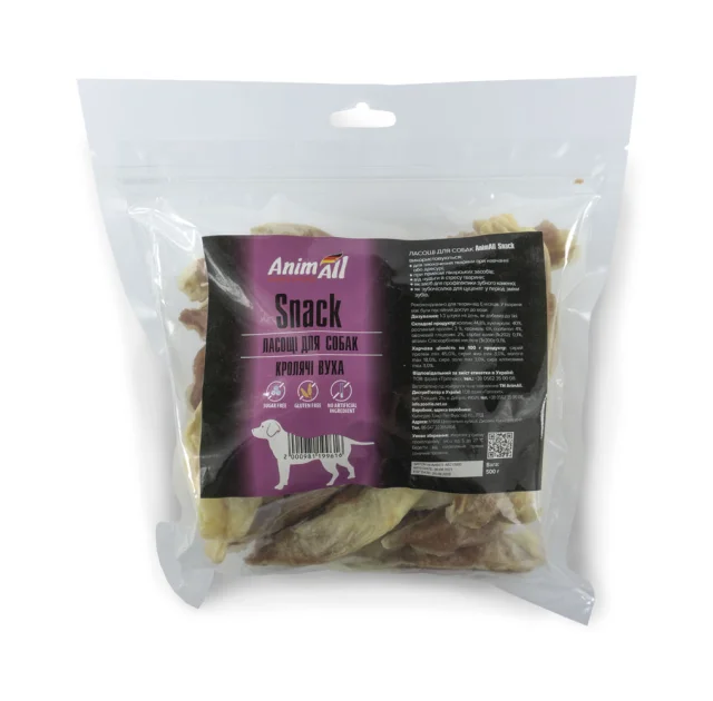 Ласощі AnimAll Snack вуха кролика з м'ясом кролика, для собак, 500 г