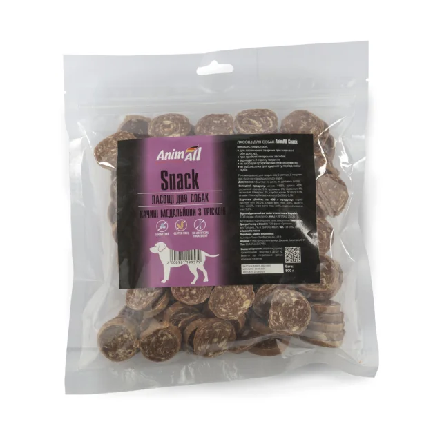 Ласощі AnimAll Snack качині медальйони з тріскою, для собак, 500 г