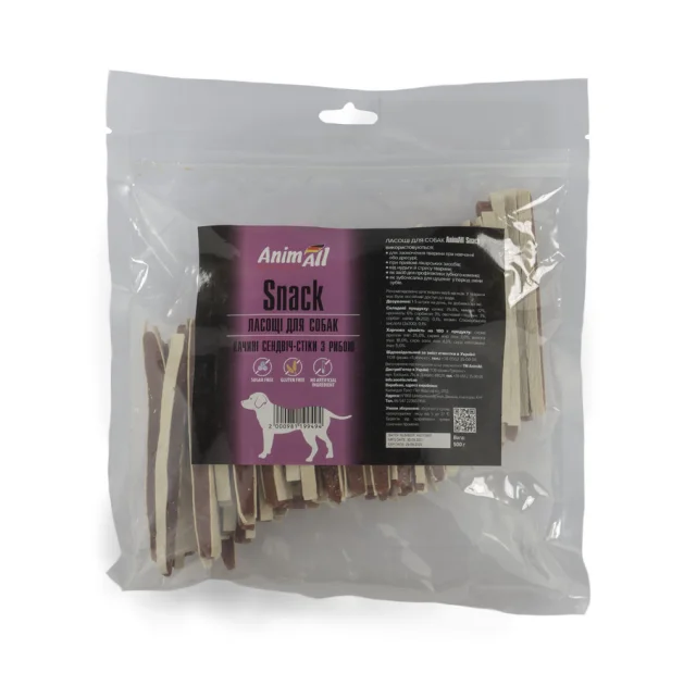 Ласощі AnimAll Snack качині сендвіч-стіки з рибою, для собак, 500 г