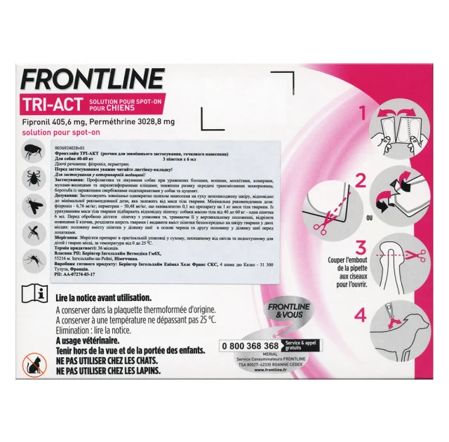 Краплі Boehringer Ingelheim Frontline TRI-ACT від бліх і кліщів для собак, XL, ціна за 1 піпетку