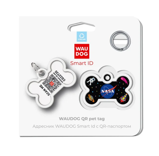 Адресник WAUDOG Smart ID c QR паспортом для собак и котов, металлический, рисунок "NASA", кость, 40×28 мм