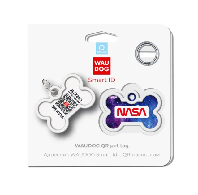 Адресник WAUDOG Smart ID c QR паспортом для собак и котов, металлический, рисунок "NASA21", кость, 40×28 мм