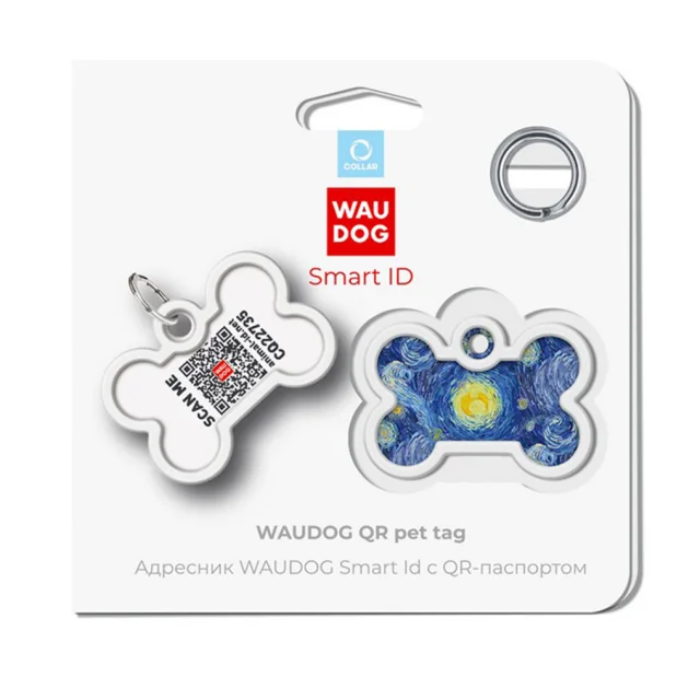 Адресник WAUDOG Smart ID c QR паспортом для собак и котов, металл, рисунок "Водяные лилии", кость, 40×28 мм