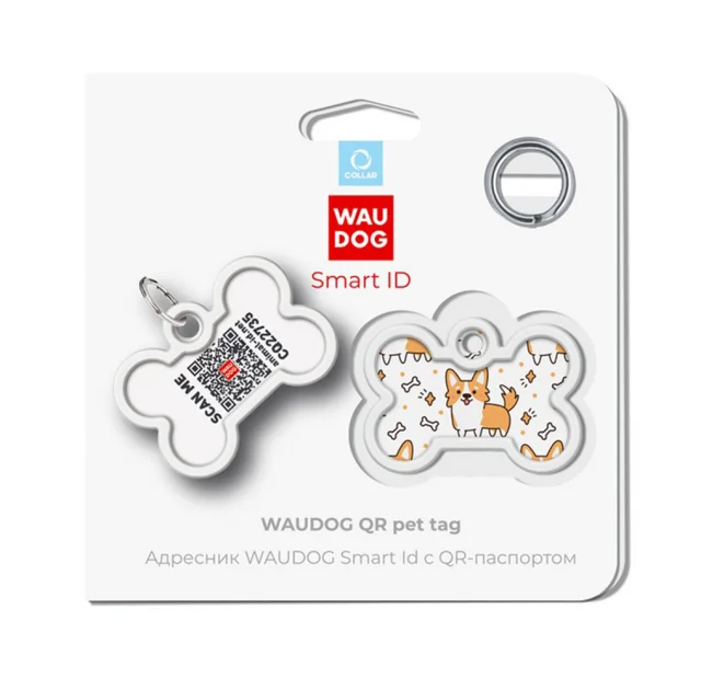 Адресник WAUDOG Smart ID c QR паспортом для собак и котов, металлический, рисунок "Корги", кость, 40×28 мм
