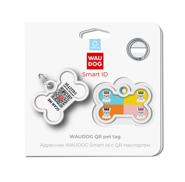 Адресник WAUDOG Smart ID c QR паспортом для собак и котов, металл, "Французский бульдог", кость, 40×28 мм
