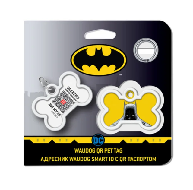 Адресник WAUDOG Smart ID c QR паспортом для собак и котов, металл, рисунок "Бэтмен желтый", кость, 40×28 мм