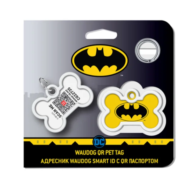 Адресник WAUDOG Smart ID c QR паспортом для собак и котов, металл, рисунок "Бэтмен лого", кость, 40×28 мм