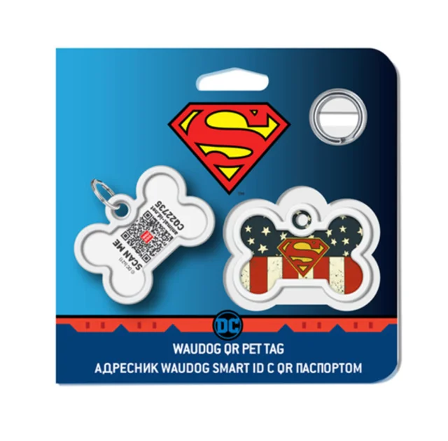 Адресник WAUDOG Smart ID c QR паспортом для собак и котов, металл, рисунок "Супермен Америка", кость, 40×28 мм