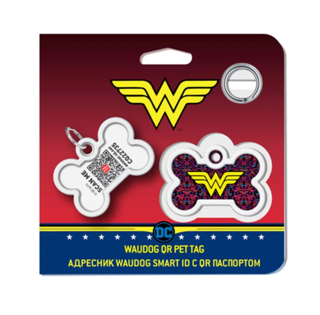Адресник WAUDOG Smart ID c QR паспортом для собак и котов, металл, рисунок "Чудо-женщина 3", кость, 40×28 мм