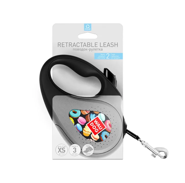 Поводок-рулетка WAUDOG R-leash для собак, рисунок Пончики, XS, до 12 кг, 3 м, лента, чёрный