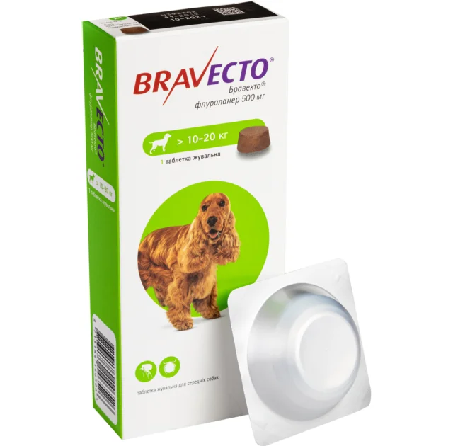 Жевательная таблетка Bravecto от блох и клещей для собак крупных пород от 10 до 20 кг, 500 мг