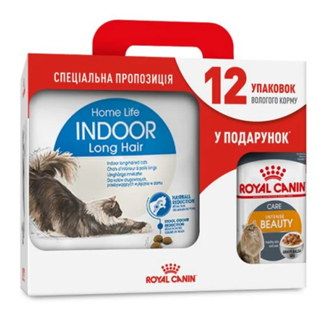 Сухий корм Royal Canin Indoor Long Hair для довгошерстих котів, 4 кг + 12 паучів у подарунок