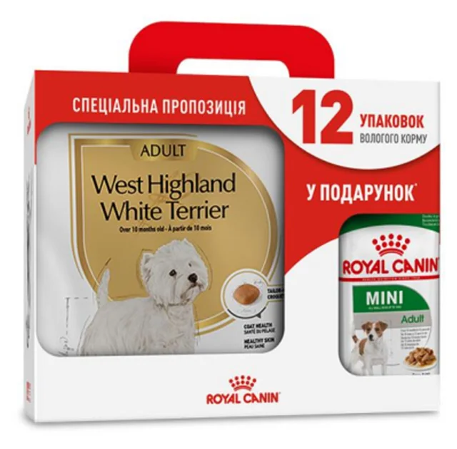 Сухий корм Royal Canin West Highland White Terrier Adult для вест хайленд уайт тер'єрів, 3 кг + 12 паучів у подарунок