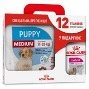 Сухой корм Royal Canin Medium Puppy для щенков средних пород до 12 месяцев, 4 кг + 12 паучей в подарок