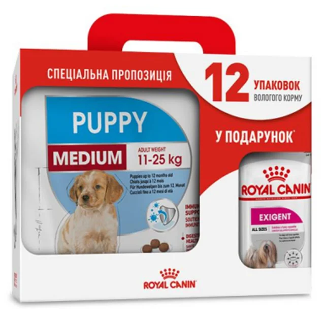 Сухой корм Royal Canin Medium Puppy для щенков средних пород до 12 месяцев, 4 кг + 12 паучей в подарок
