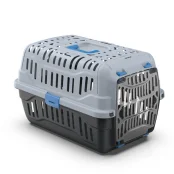 Переноска Georplast Spark для кошек и собак, серо-чёрная с синими креплениями, 48.5×33.5×31 см