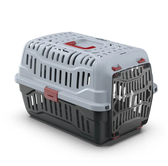 Переноска Georplast Spark для кошек и собак, серо-чёрная с красными креплениями, 48.5×33.5×31 см