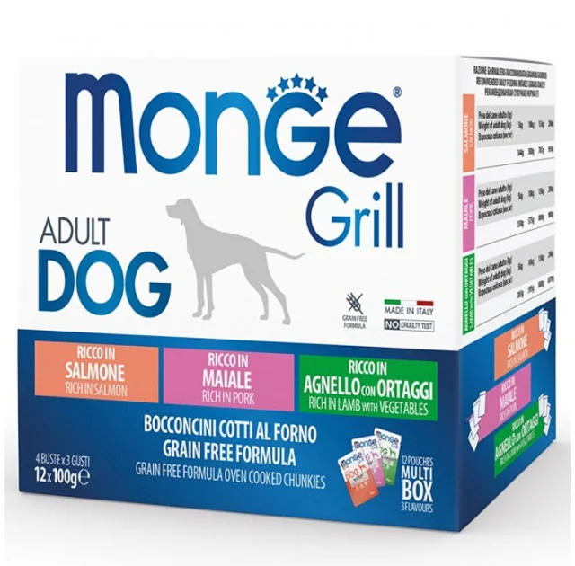Набір вологого корму MONGE DOG GRILL MIX для собак, з лососем, ягнятком, свининою, 12×100 г