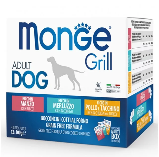 Набір вологого корму MONGE DOG GRILL MIX для собак, з тріскою, індичкою та куркою, яловичиною, 12×100 г