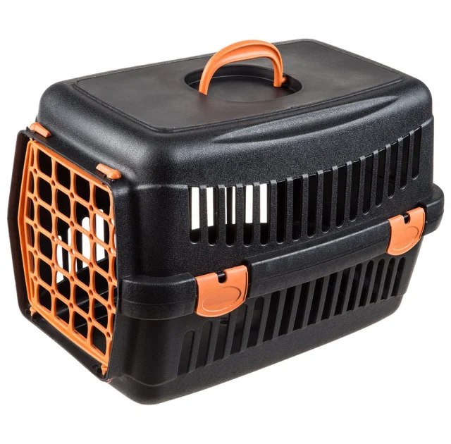 Переноска AnimAll для кошек и собак, чёрная с оранжевой дверью, 48.5×32.5×32.5 см