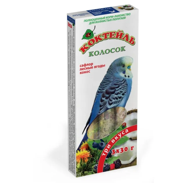 Лакомство Природа Коктейль Колосок для волнистых попугаев, сафлор, лесная ягода, кокос, 90 г