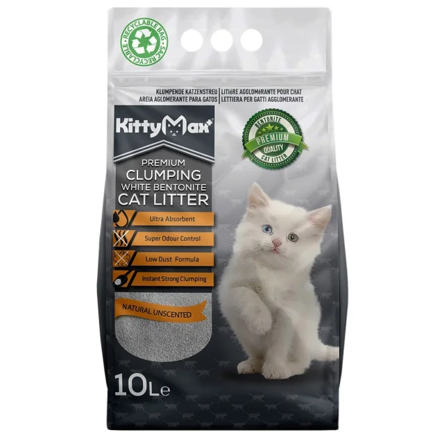 Бентонитовый наполнитель Kitty Max для кошачьего туалета, без аромата, белый, 10 л