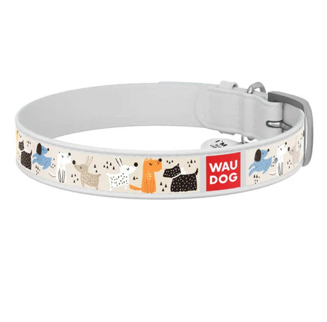 Ошейник WAUDOG Design с рисунком "Собачки на прогулке", пряжка металл, ширина 12 мм, длина 19-25 см, белый
