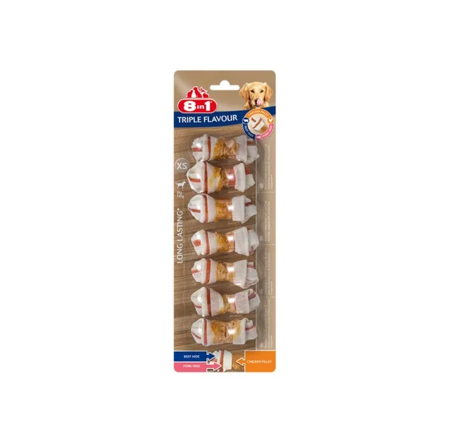 Ласощі для собак 8in1 Triple Flavour жувальні кістки, XS, з м'ясом, 7 шт