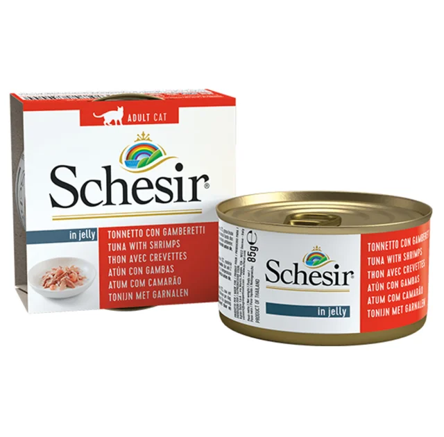Консерви Schesir Tuna Prawns натуральні, для котів, тунець з креветками в желе, банку 85 г