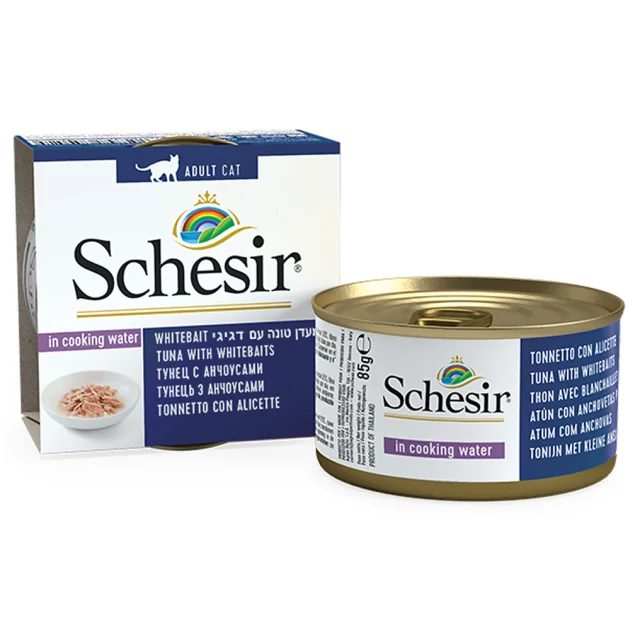Консерви Schesir Tuna Whitebait Rice для котів, тунець з мальками і рисом в своєму соку, банку 85 г
