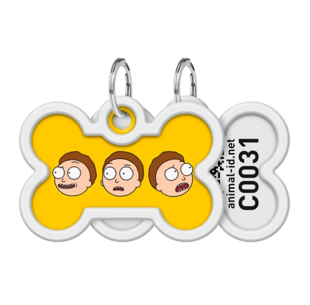 Адресник Waudog Smart ID c QR-паспортом для собак и котов, металл, рисунок "Рик и Морти 2", кость, 40×28 мм