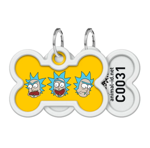 Адресник Waudog Smart ID c QR-паспортом для собак и котов, металл, рисунок "Рик и Морти 3", кость, 40×28 мм