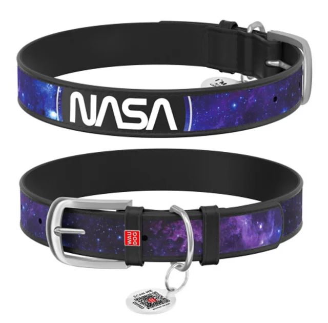 Ошейник Waudog Design с QR-паспортом для собак, рисунок "NASA21", кожа, размер M, 20 мм/30-39 см, чёрный