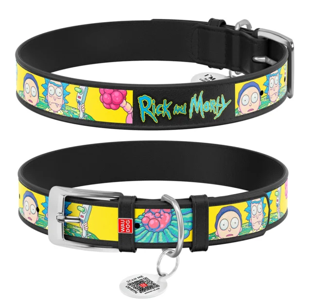 Нашийник Waudog Design з QR-паспортом для собак, шкіряний, малюнок "Рік і Морті 1", M, 20 мм/30-39 см, чорний