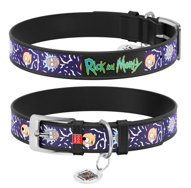 Ошейник Waudog Design с QR-паспортом для собак, кожаный, рисунок "Рик и Морти 2", ХS, 12 мм/21-29 см, чёрный