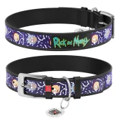 Ошейник Waudog Design с QR-паспортом для собак, кожаный, рисунок "Рик и Морти 2", XL, 35 мм/46-60 см, чёрный