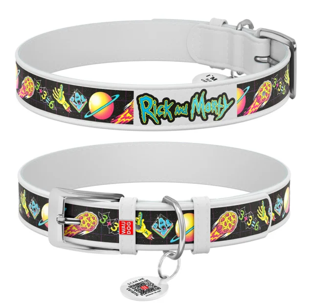 Ошейник Waudog Design с QR-паспортом для собак, кожаный, рисунок "Рик и Морти 3", XL, 35 мм/46-60 см, белый