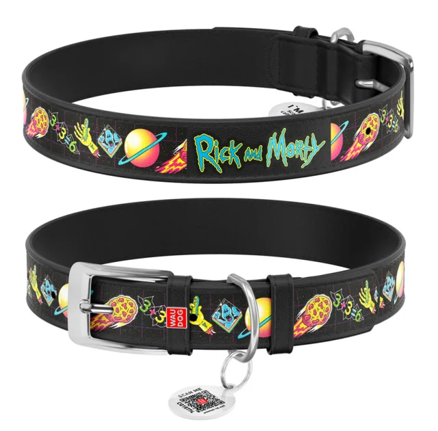 Ошейник Waudog Design с QR-паспортом для собак, кожаный, рисунок "Рик и Морти 3", L, 25 мм/38-49 см, чёрный