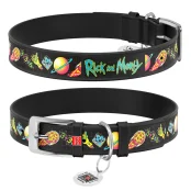 Ошейник Waudog Design с QR-паспортом для собак, кожаный, рисунок "Рик и Морти 3", XL, 35 мм/46-60 см, чёрный