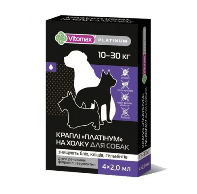 Капли на холку Vitomax Platinum противогельминтные для собак весом от 10 до 30 кг, 1 пипетка, 2 мл