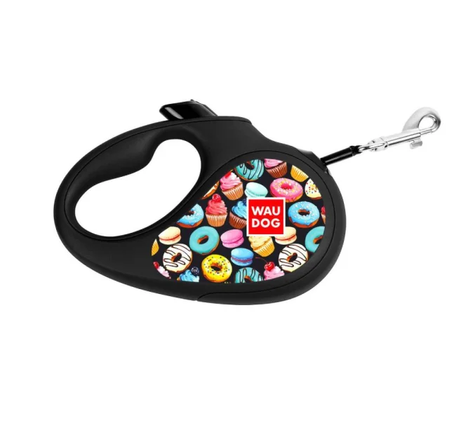 Поводок-рулетка Waudog R-leash для собак, рисунок "Пончики", S, до 15 кг, 5 м, лента, чёрный