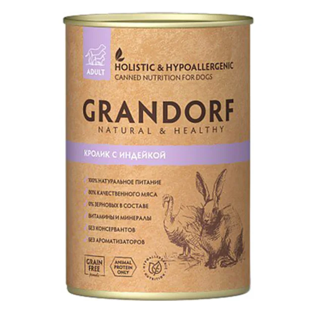 Консерви Grandorf Rabbit&Turkey для дорослих собак, з м'ясом кролика та індички, 400 г
