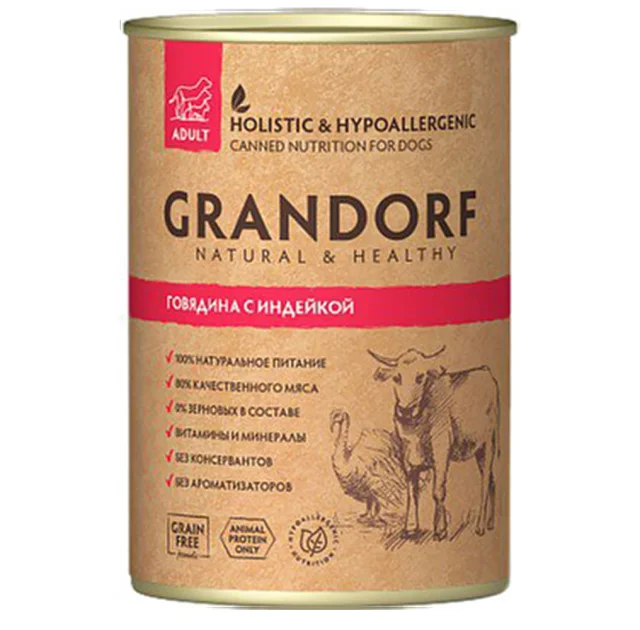 Консервы Grandorf Beef&Turkey для взрослых собак, с говядиной и индейкой, 400 г